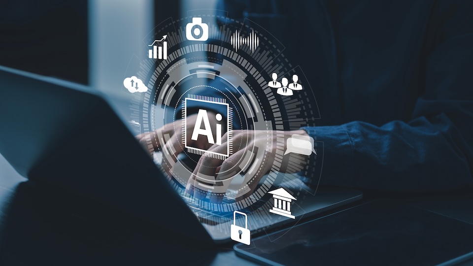 Interface numérique futuriste affichant des algorithmes d’intelligence artificielle et des analyses marketing à l’écran