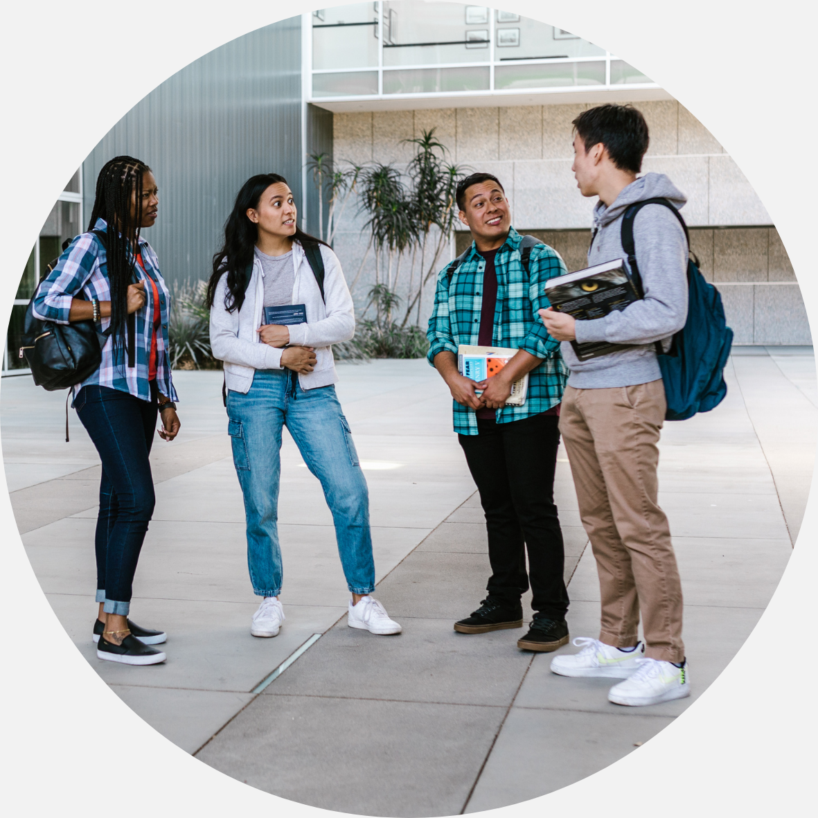 Quatre étudiants sur le campus qui se parlent.