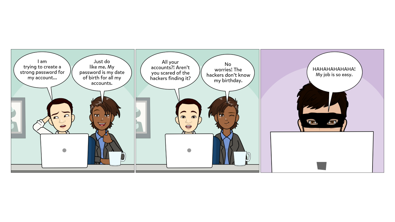 Bande dessinée montrant comment les pirates informatiques peuvent facilement deviner les mots de passe.