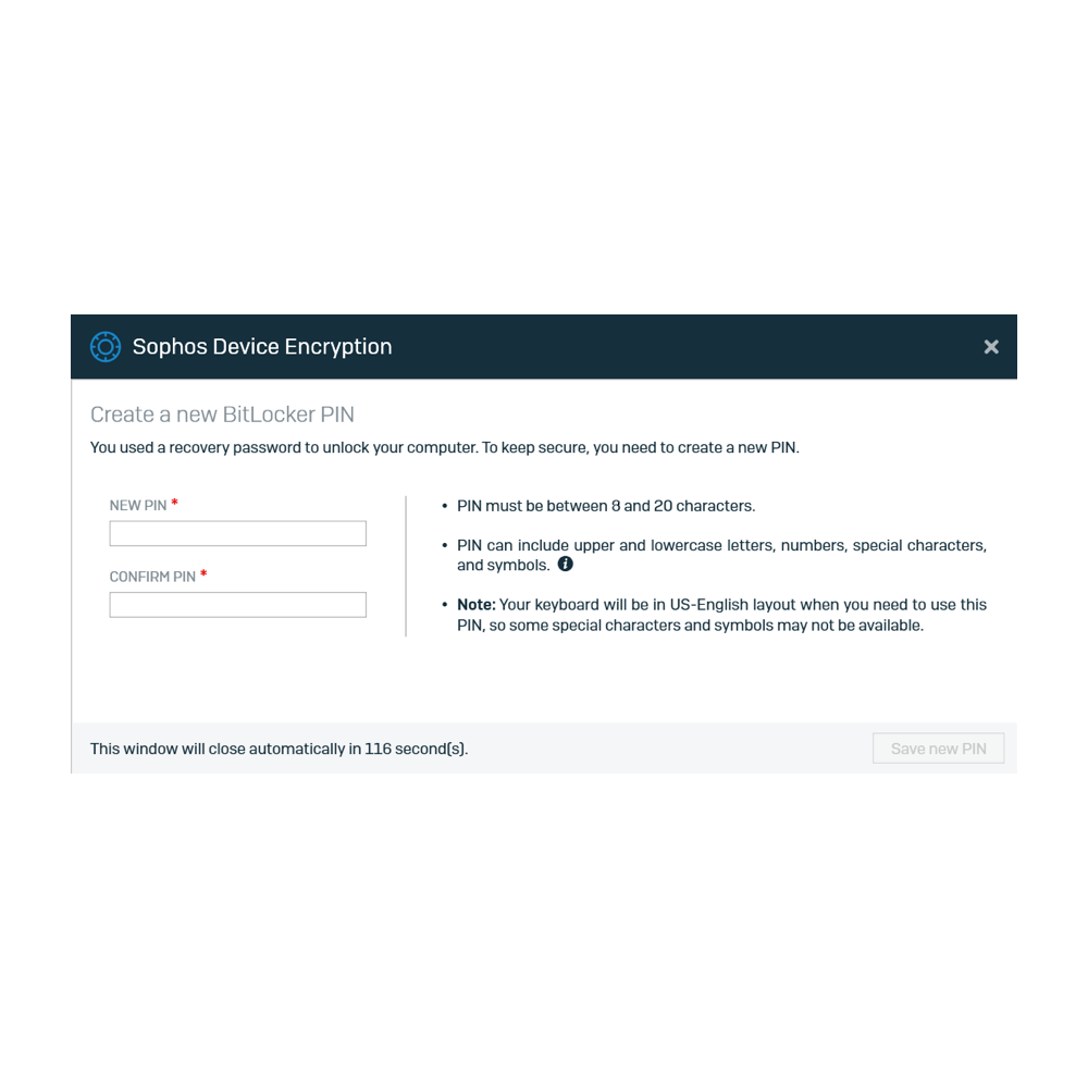 Capture d'écran de la boîte de dialogue Sophos Device Encryption