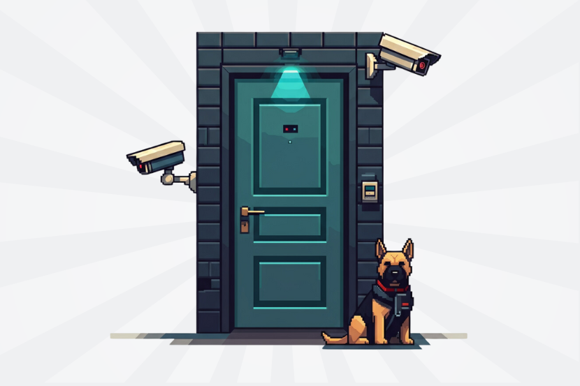 Porte avec scanner biométrique, 2 caméras de sécurité, serrure, scanner d'empreintes digitales et chien de garde