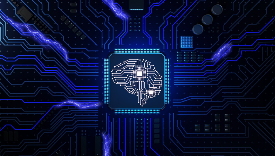 Puce électronique en forme de cerveau humain."