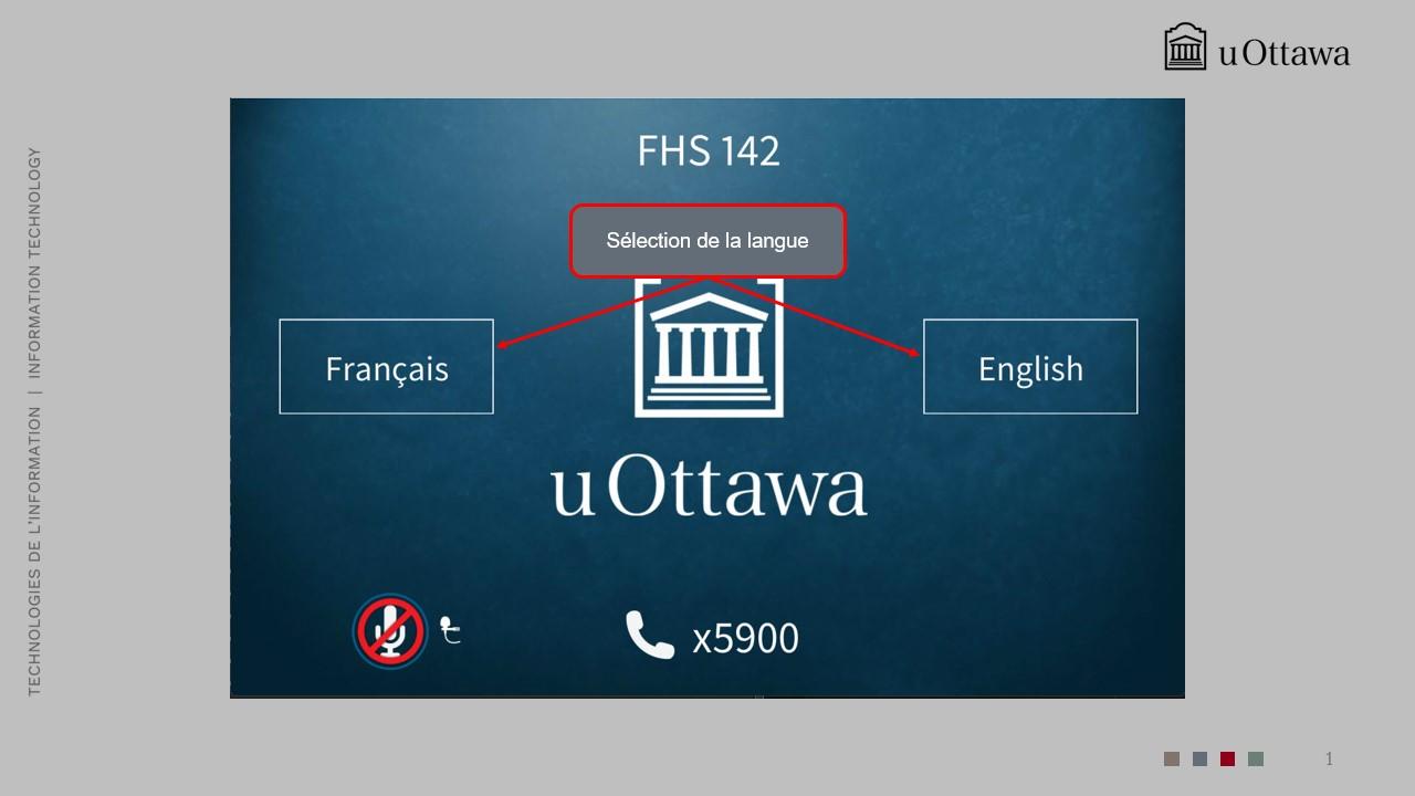 Écran d’accueil du panneau de contrôle de la salle de classe affichant les options d’alimentation et de langue