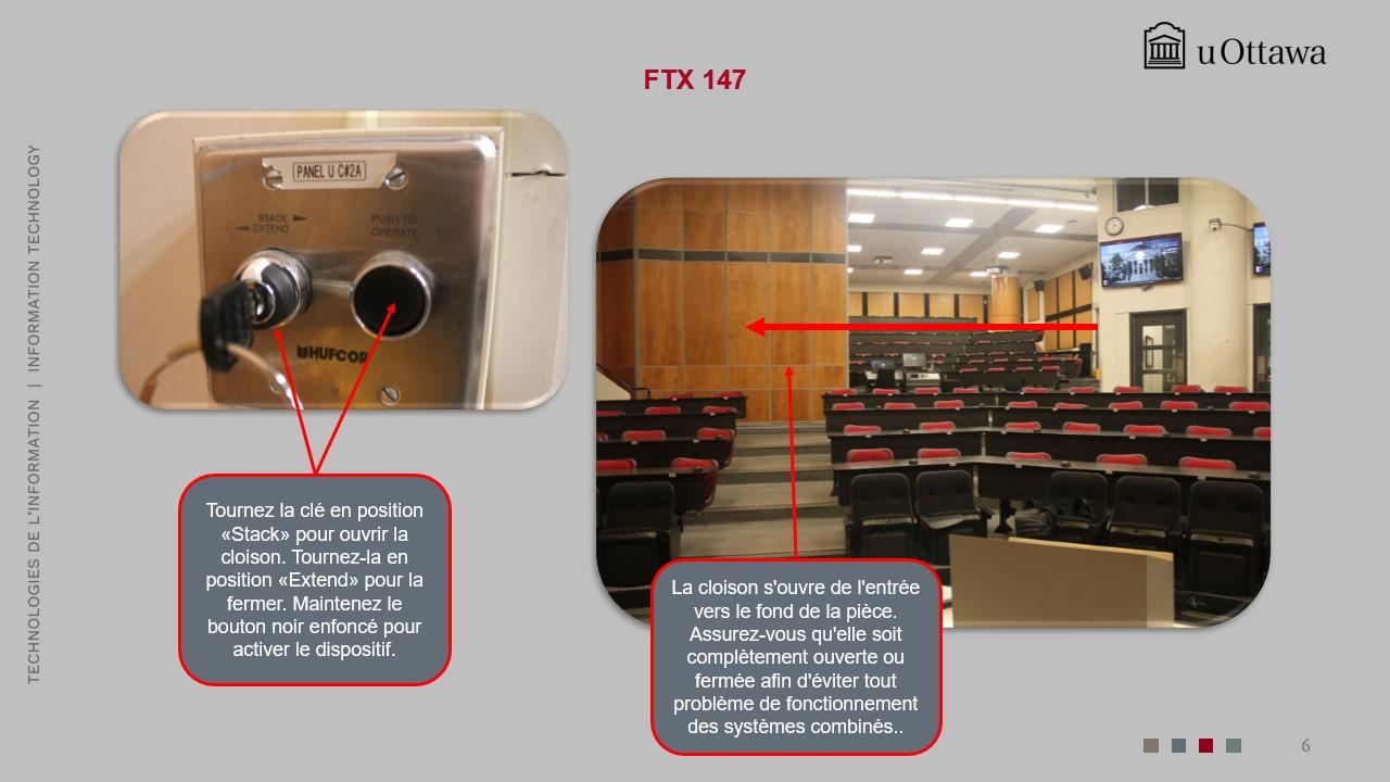 Instructions pour l’utilisation de la cloison de la salle, incluant les opérations spécifiques à la clé.