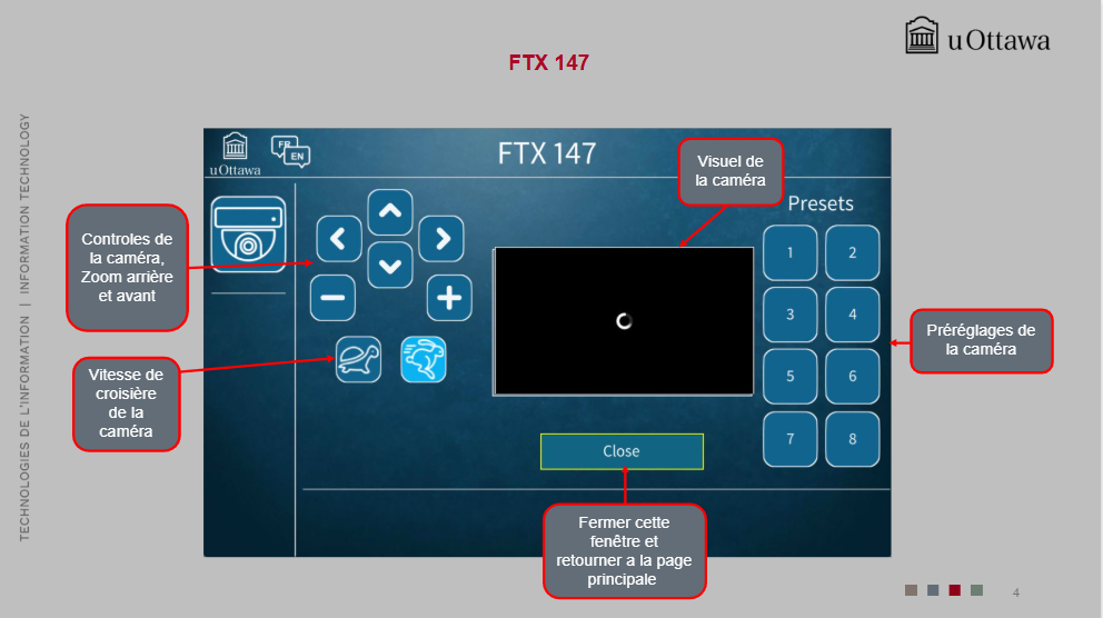 Interface de contrôle de la caméra affichant le zoom avant/arrière, la vitesse de mouvement et plusieurs angles de caméra préconfigurés.