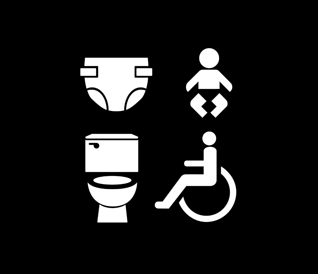 Icônes pour les toilettes : une couche, un bébé, des toilettes et un fauteuil roulant.