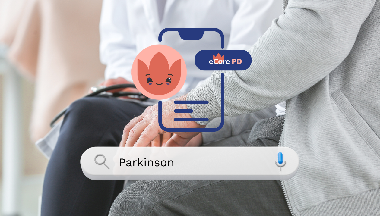Une personne assise avec un professionnel de la santé. Une barre de rechercher affichant le mot Parkinson. La plateforme numérique eCARE-PD et le logo de CAFY, son agent conversationnel.
