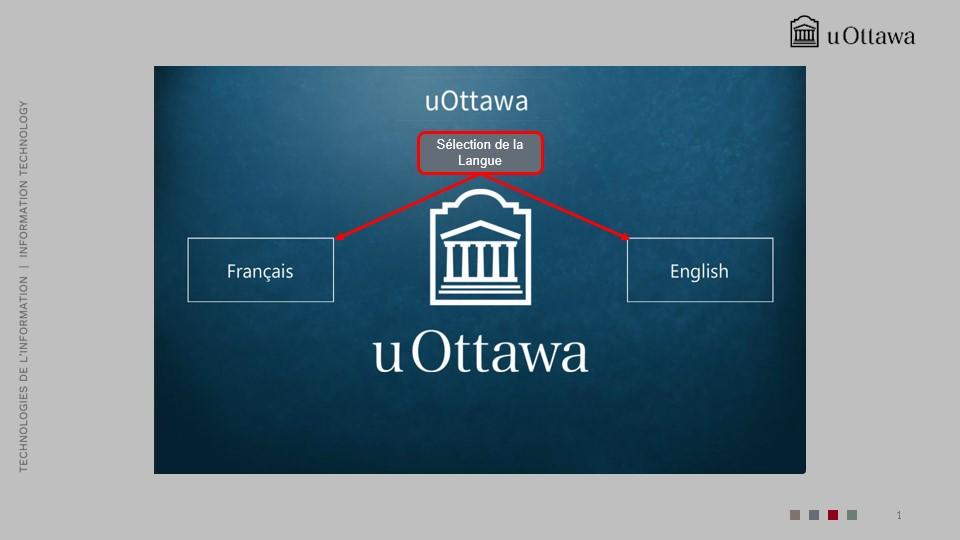 Écran de sélection de la langue avec les options de démarrage en français ou en anglais. 