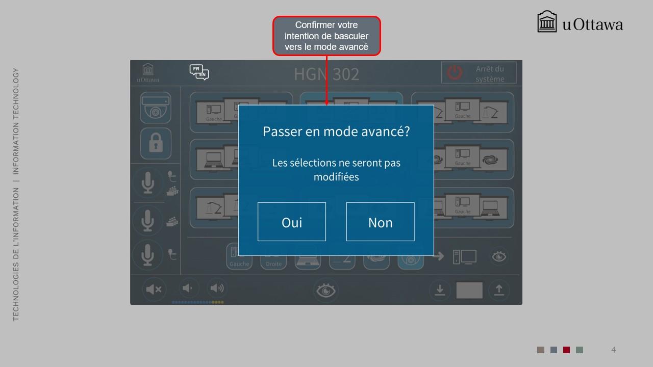 Interface principale du système audiovisuel avec des icônes pour le projecteur, l’écran LCD, le volume et la sélection de source