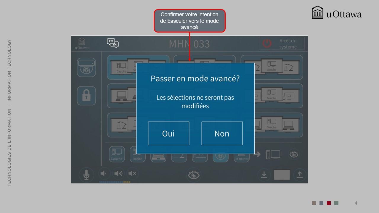 Pop-up demandant de passer en mode avancé, avec options « Oui » et « Non ». 