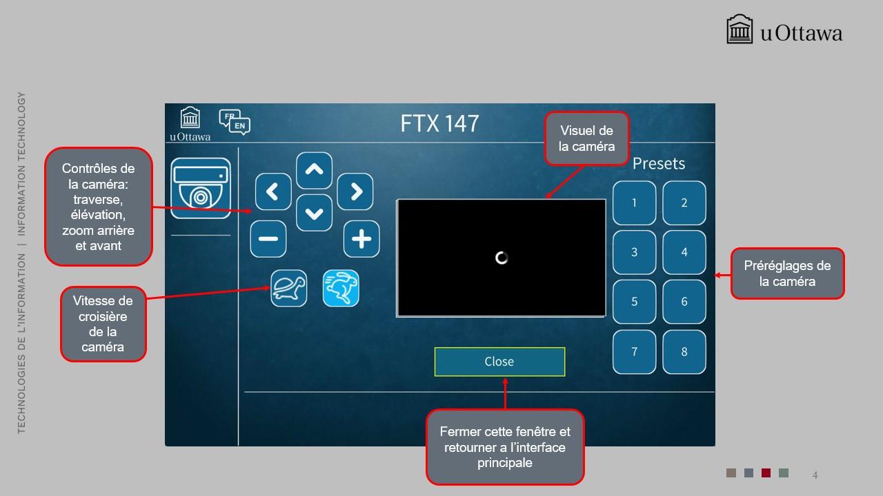 Interface de contrôle de la caméra affichant le zoom avant/arrière, la vitesse de mouvement et plusieurs angles de caméra préconfigurés.