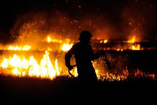 Pompier luttant contre un feu de forêt pendant la nuit