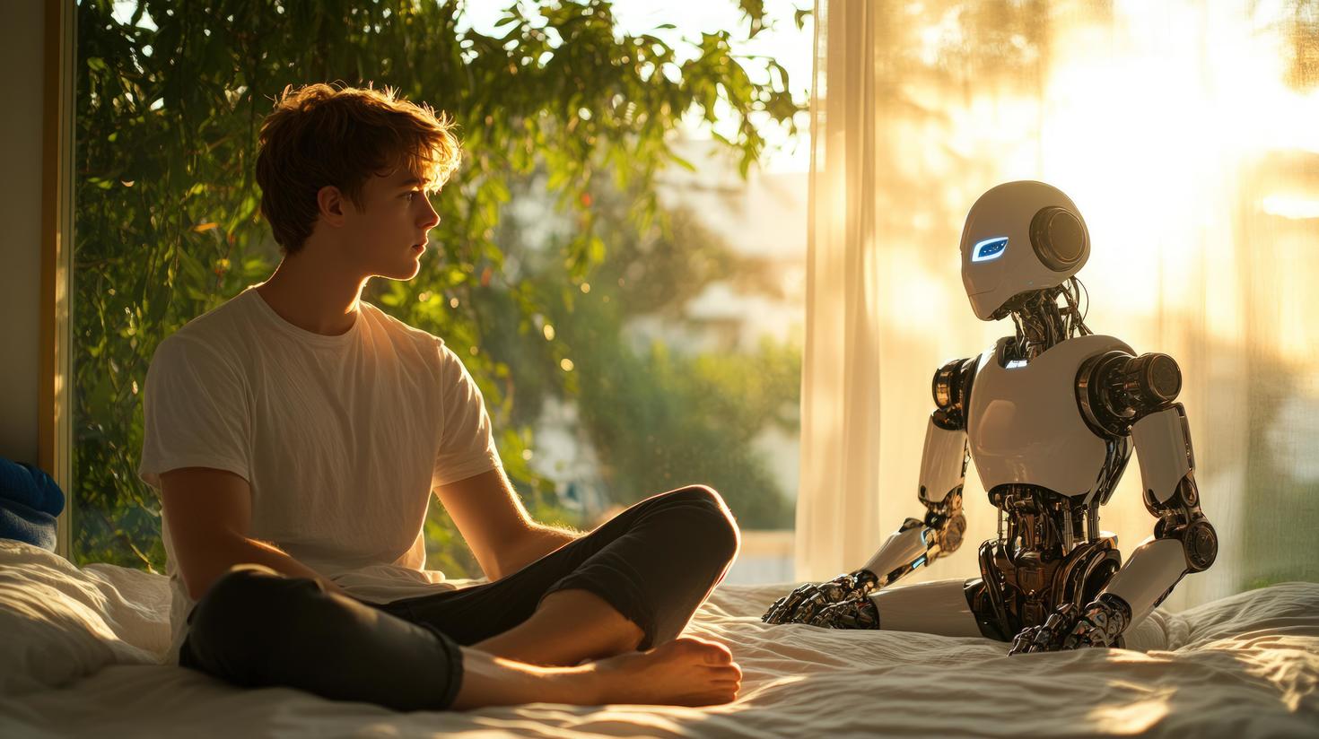Un jeune homme assis sur un lit, regardant un robot