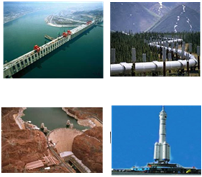 En haut à gauche, image d’un pont; en haut à droite, image d’un pipeline sillonnant une forêt; en bas à gauche, image d’un barrage d’eau; en bas à droite, image d’une fusée sur une plateforme.