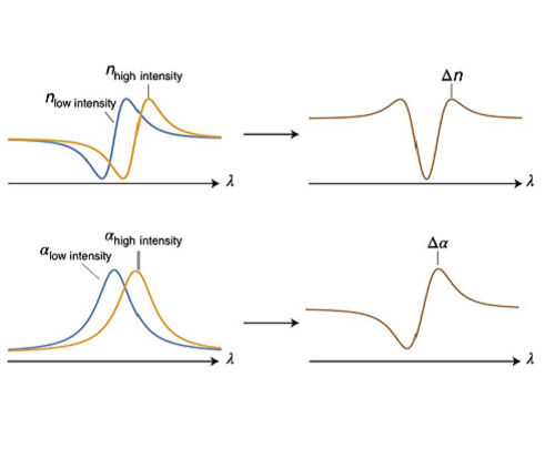 Deux graphiques illustrant la réponse non linéaire du troisième ordre à haute et à basse intensité (n et α).