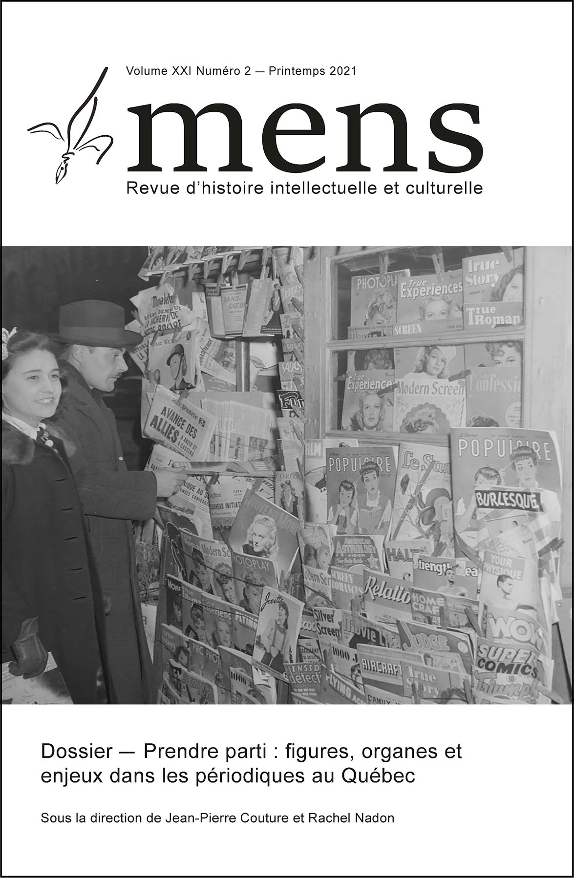 Couverture de la revue : un homme et une femme devant un kiosque à journaux.
