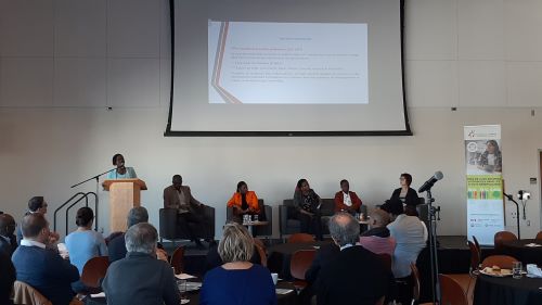 A presentation being given in an event space