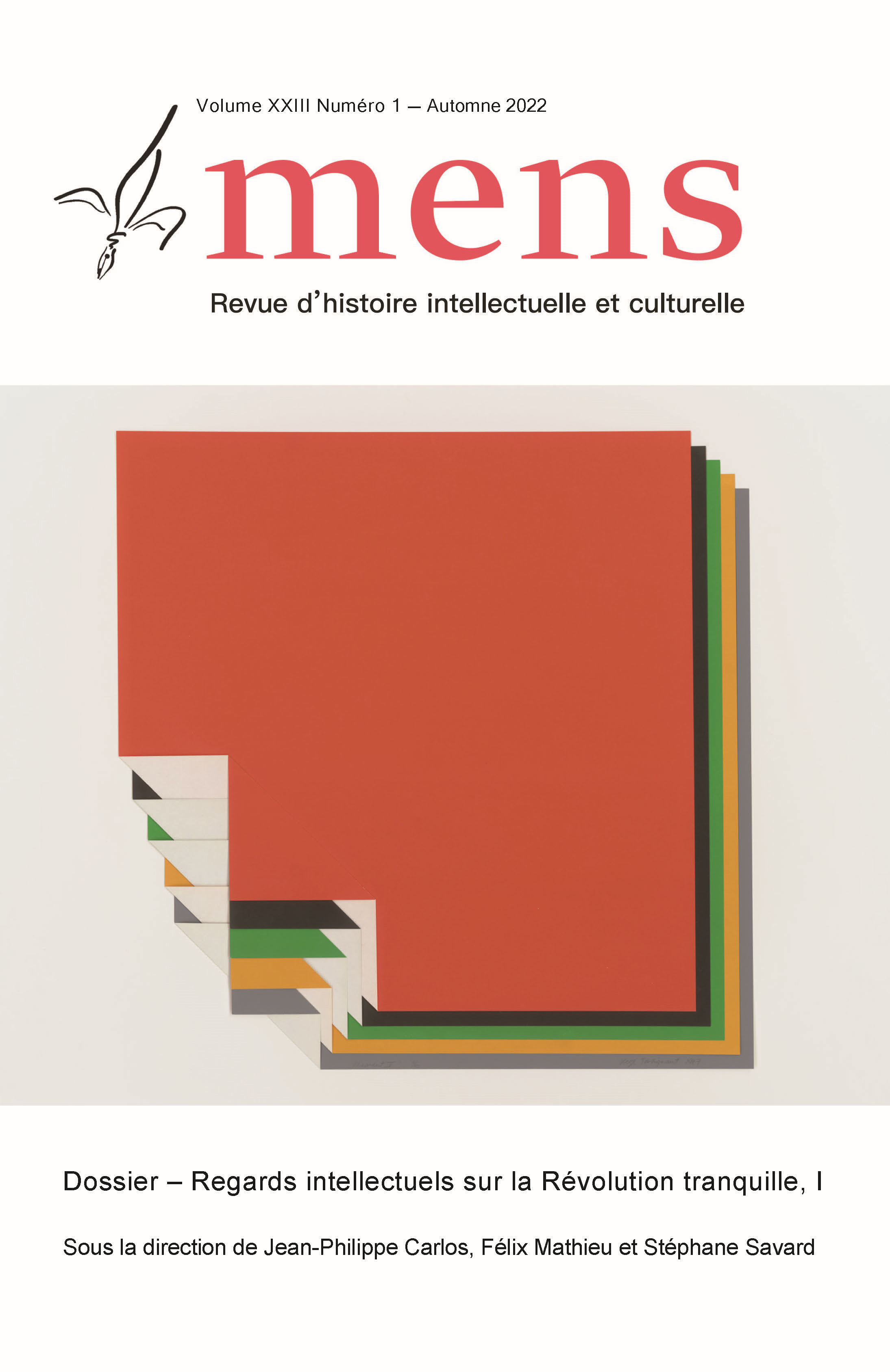 Couverture d e la revue Mens avec des rectangles de couleur superposés