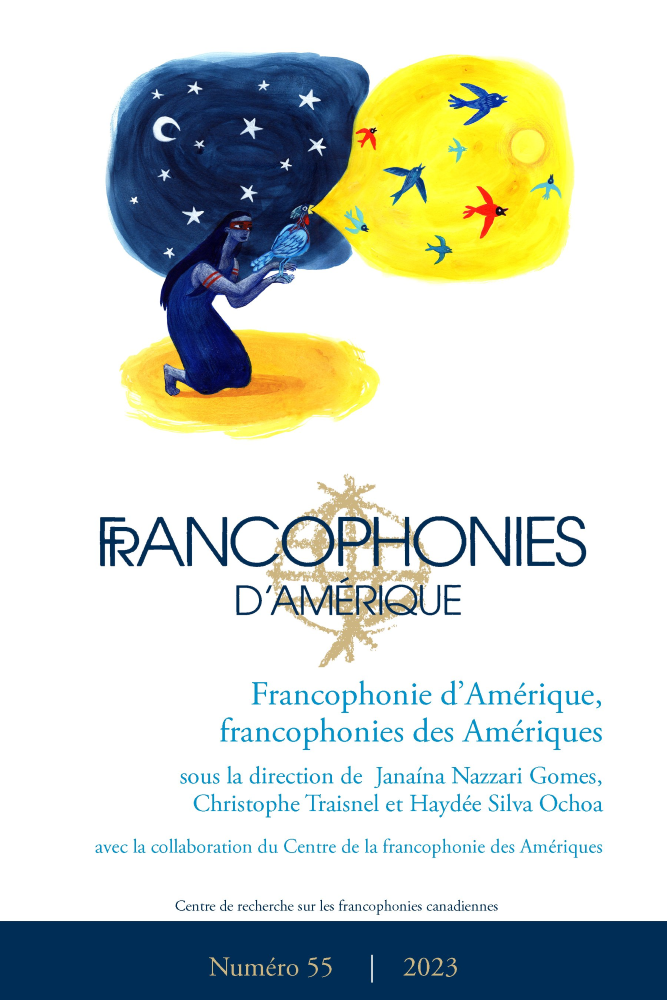 PagePage couverture du numéro 55 de la revue FRancophonies d'Amérique avec une femme agenouillée la nuit libérant des oiseaux et du soleil