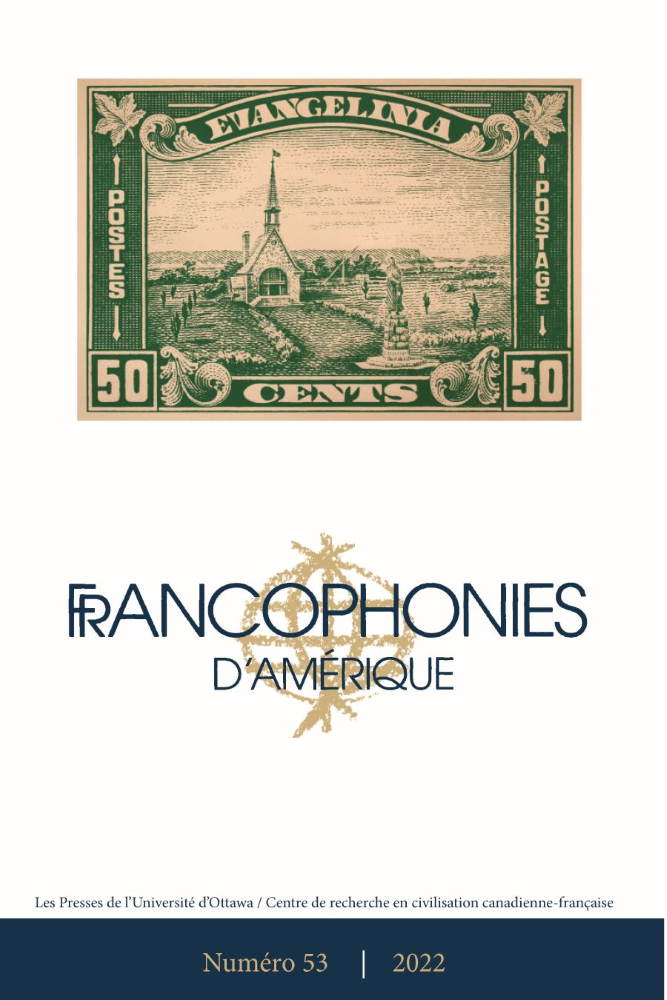 Couverture du numéro 53 de la revue Francophonies d'Amérique avec un faux dollar vert de 50 cents du pays fictif Evangelinia