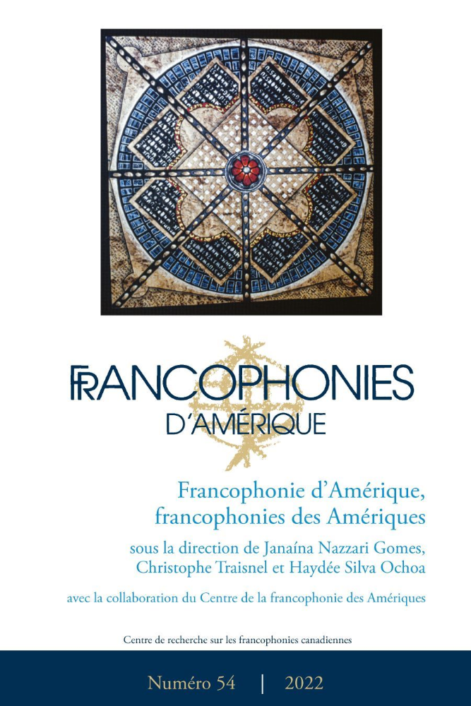 Couverture du numéro 54 de la revue Francophonies d'Amérique avec une fleur stylisée sur un rond bleu et des lignes verticales, horizontales et diagonales