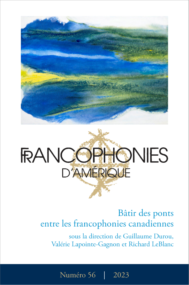 Couverture du numéro 56 de la revue Francophonies d'Amérique, avec dans le haut une toile représentant un littoral vert avec des eaux bleues.