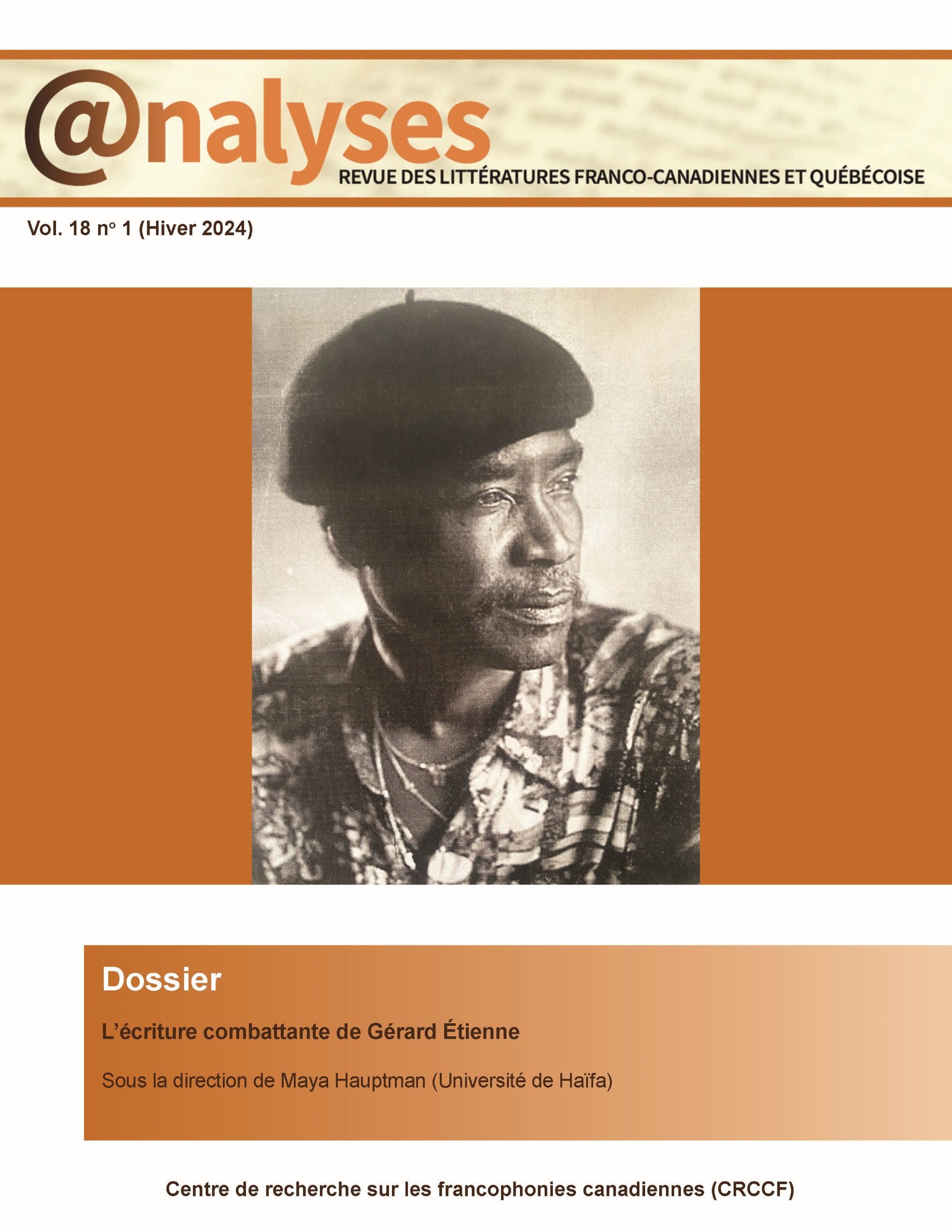 Page couverture de la revue @nalyses (vol. 18, no 1), avec un portrait noir et blanc de Gérard Étienne sur fond orange brulé.
