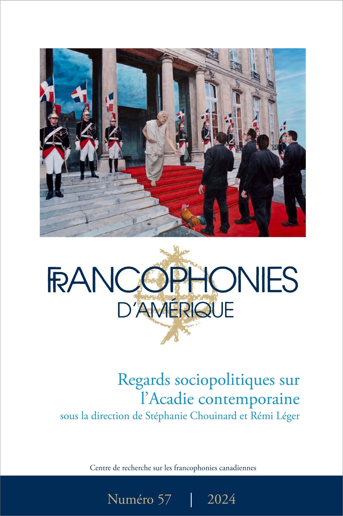 Couverture du numéro 57 de la revue Francophonies d'Amérique avec dans la moitié du haut la reproduction d'une peinture représentant Charles De Gaule en visite en Acadie.
