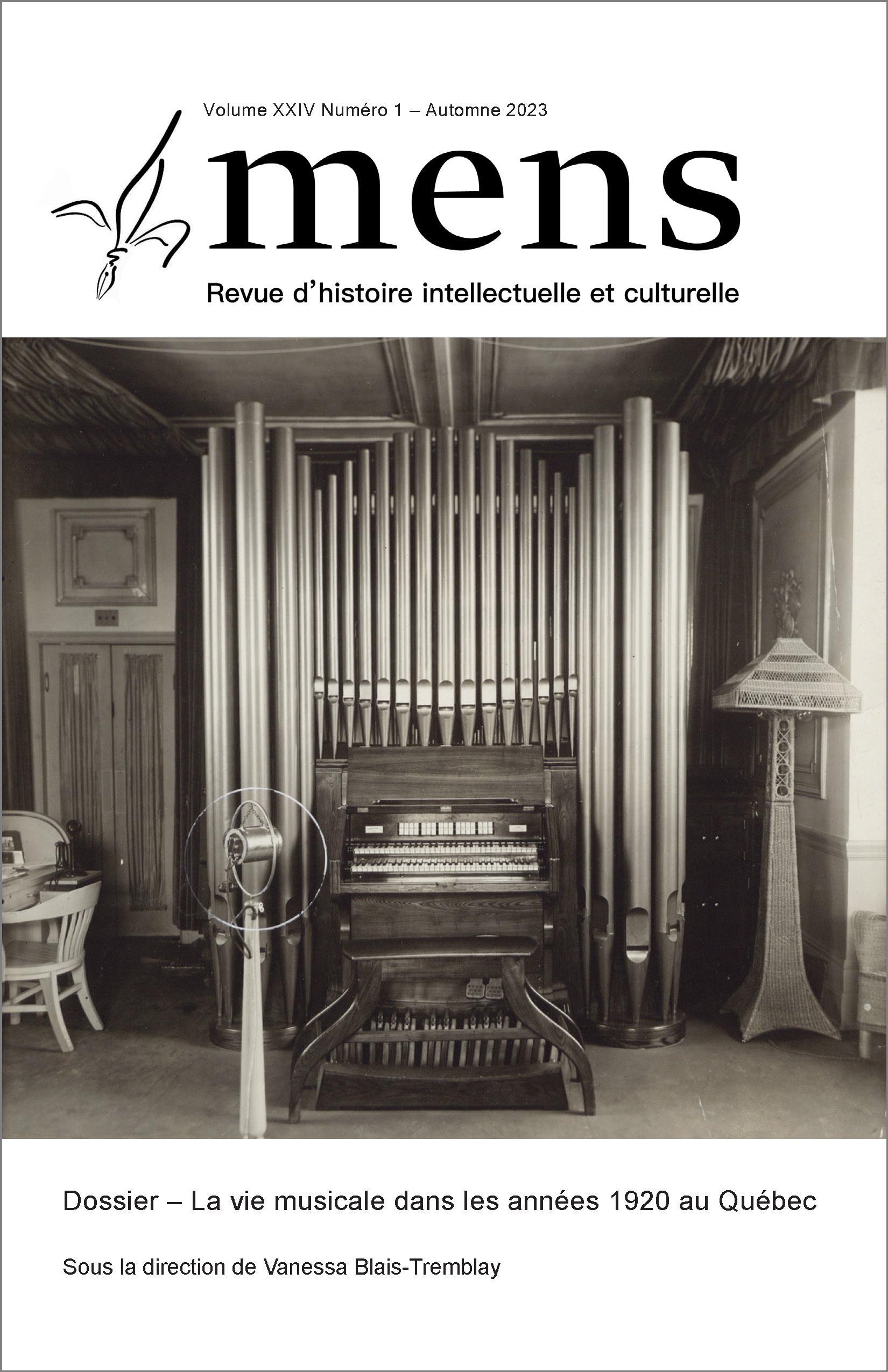 Page couverture du Vol. XXIV, no 1 de la revue Mens avec photo noir et blanc d'un orgue dans un studio de radio.