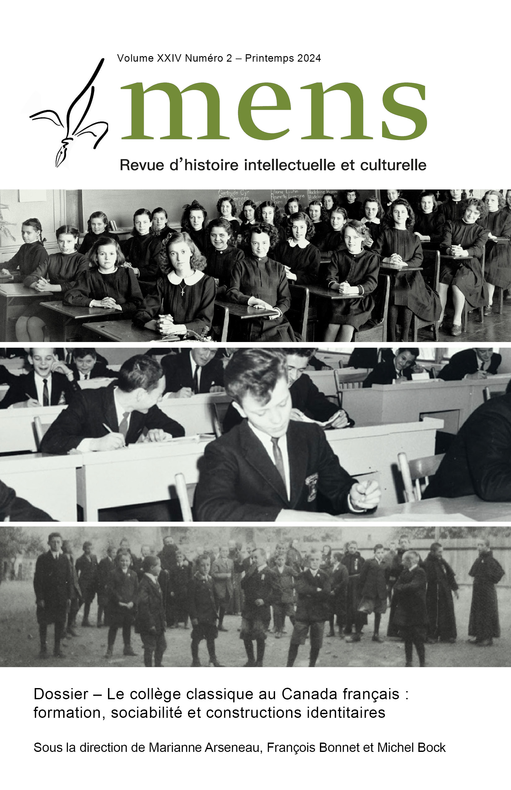Page couverture du Vol. XXIV no 2 de la revue Mens avec titre en vert olive et un montage de photos d'archives en noir et blanc représentant des classes d'étudiants de collèges classiques.