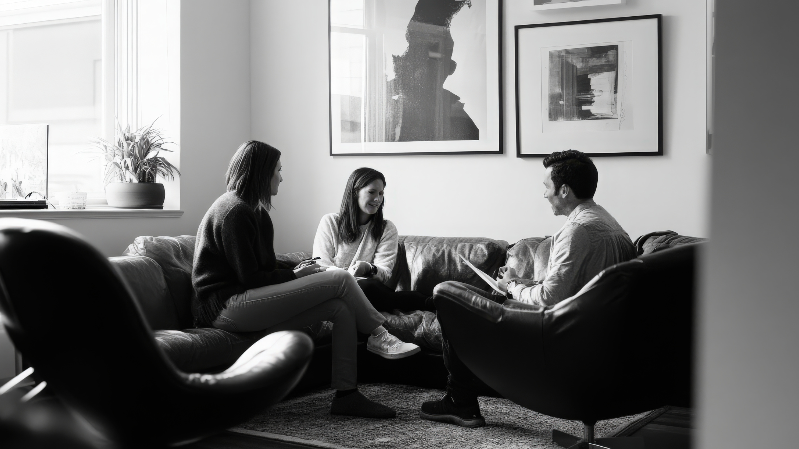 Photo of people talking in black and white.