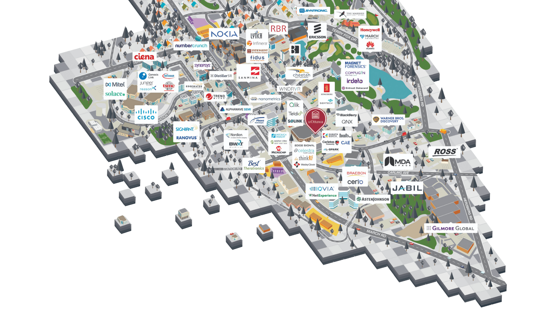Un map du parc technologique de Kanata-Nord avec le logo de l'Université d'Ottawa et ses partenariats