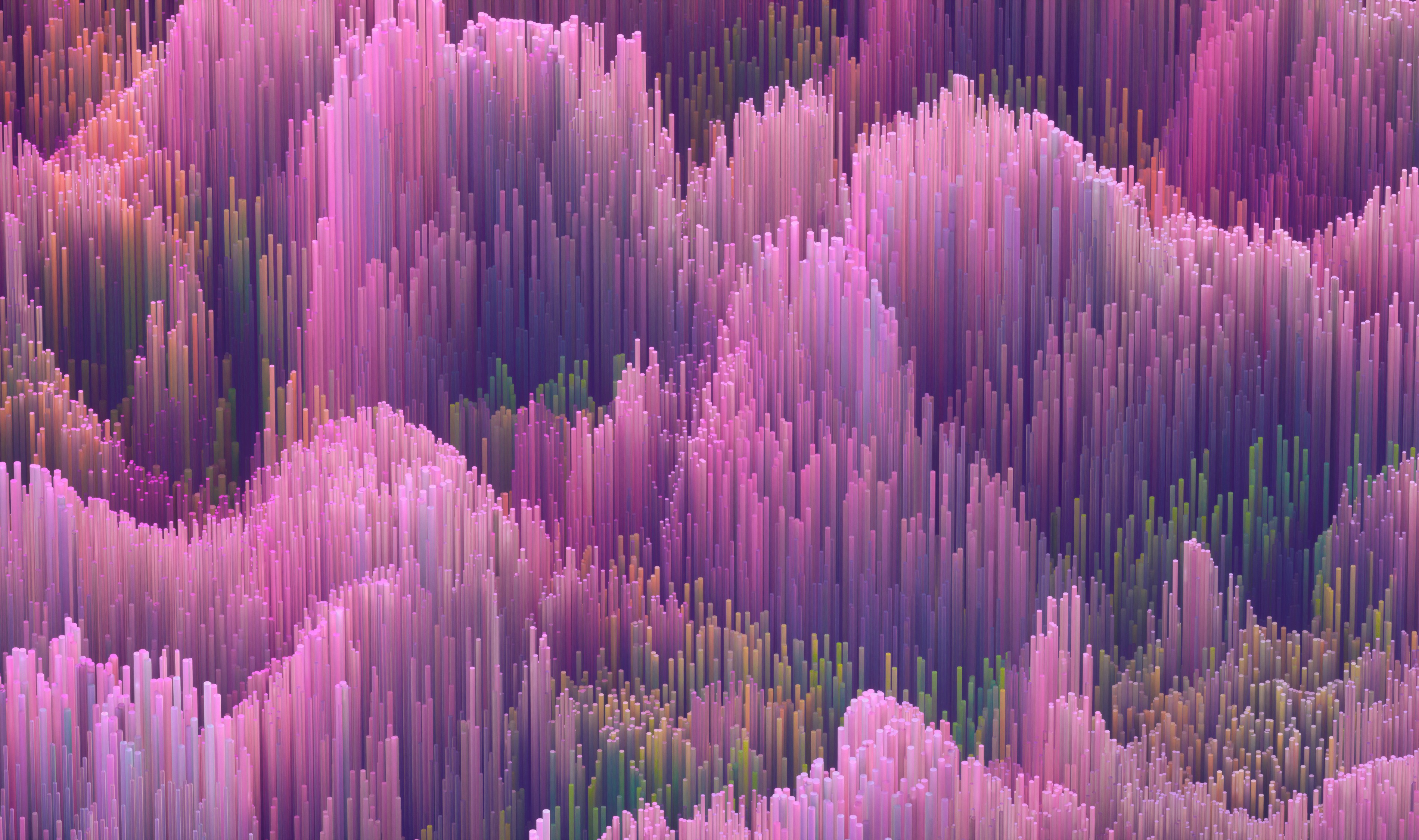 Œuvre d'art numérique abstraite composée de lignes verticales roses, violettes et lavande formant un paysage texturé aux allures ondulées.