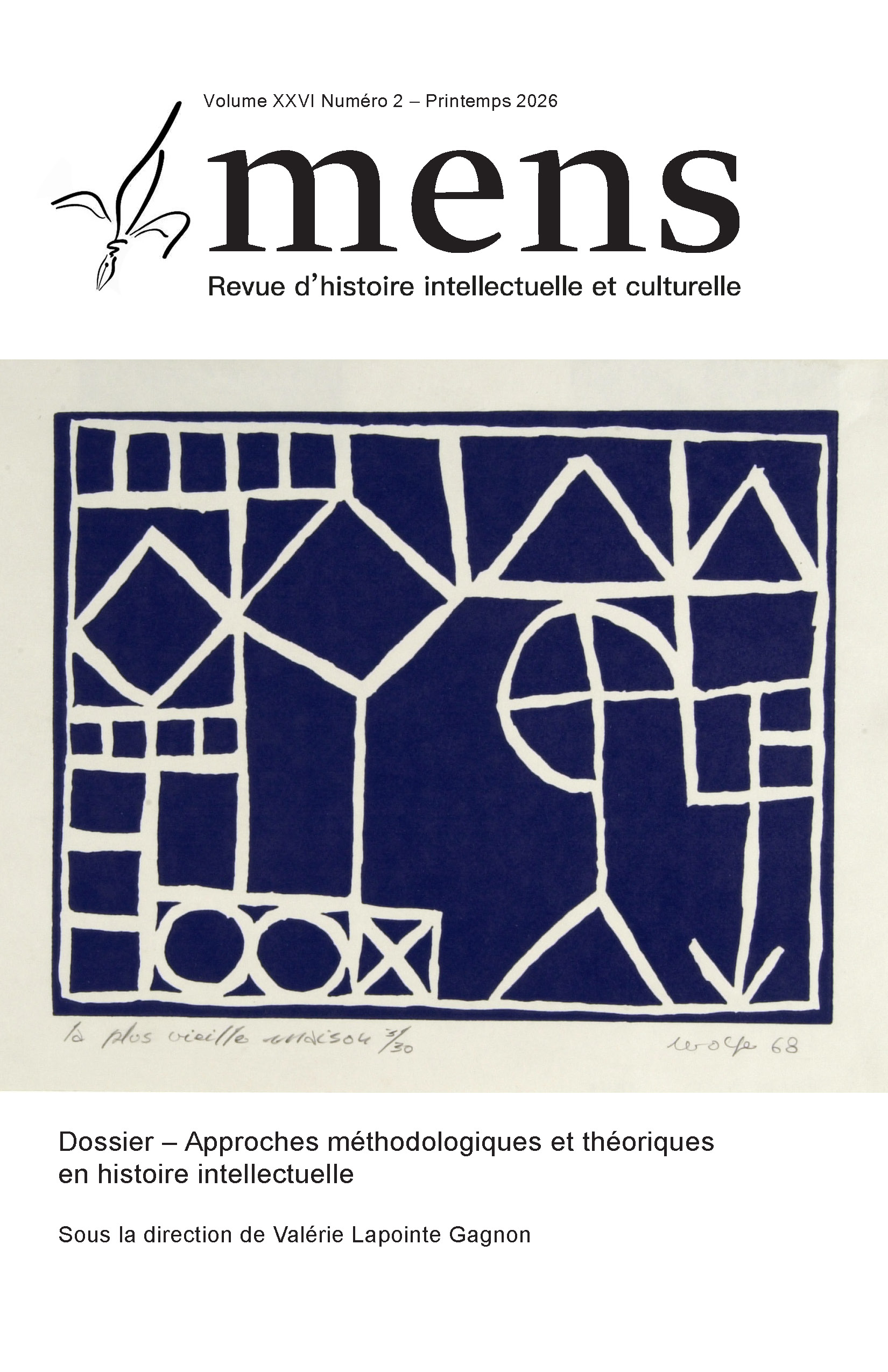 Page couverture du Vol. XXVI no 2 de la revue Mens avec, une estampe abstraite en bleu et blanc.