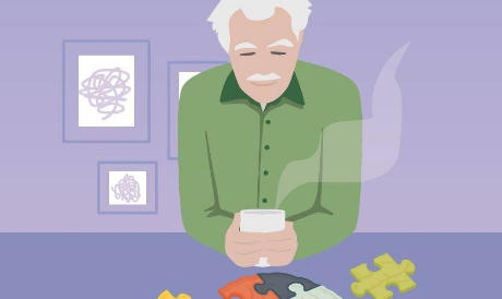 Illustration d'une personne âgée buvant du café.