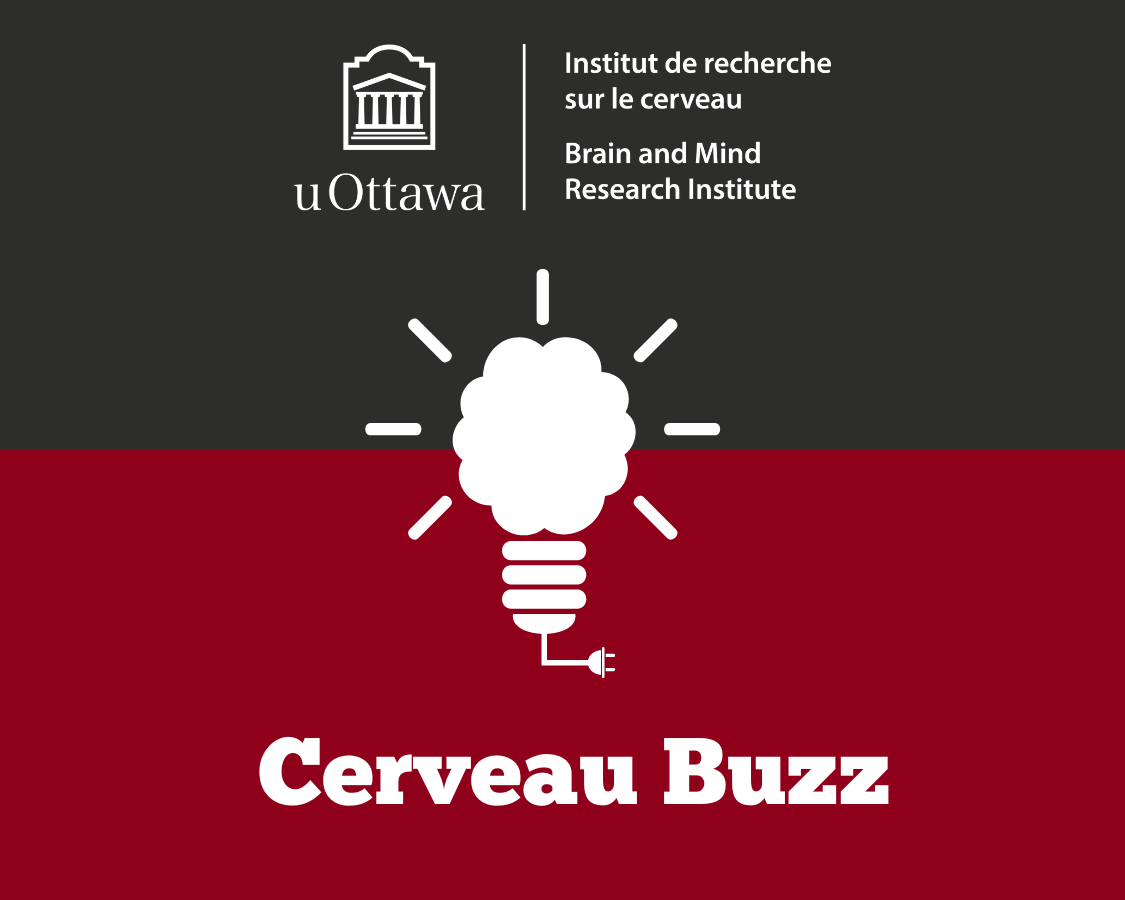 Logo de l’IRCuO et un texte qui se lit comme suit, Cerveau Buzz. Il y a également une photo d’une ampoule qui a l’apparence d’un cerveau.
