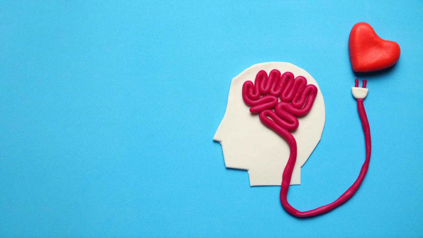 Arrière-plan bleu avec un croquis de la tête avec un cerveau relié au coeur