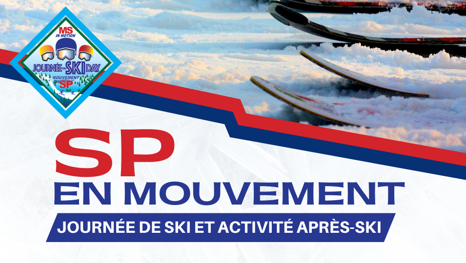 Image de fond de skis ave le logo du SP en mouvement. "SP en mouvement. Journée de ski et activité après ski.