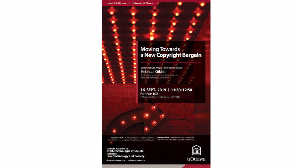 Poster for the event Poster for the event Rebecca Giblin: Moving Towards a New Copyright Bargain