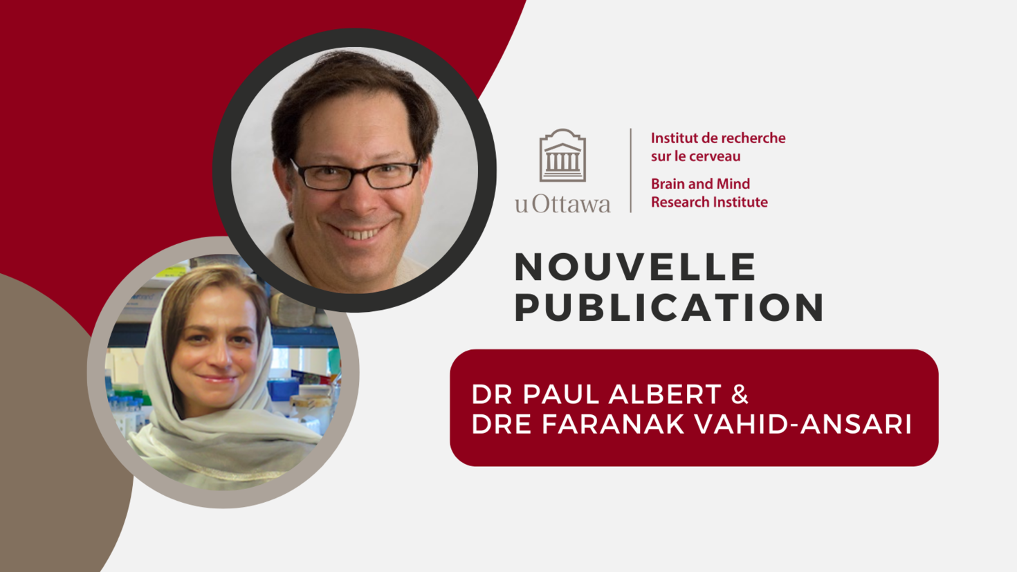 Logo de l’IRCuO dans le haut de la page avec deux encadrés ronds, dans lesquels on retrouve les photos du Dr Albert et du Dr Faranak. On peut aussi lire le texte « Nouvelle publication, Dr Paul Albert et Dr Faranak Vahid-Ansari ».