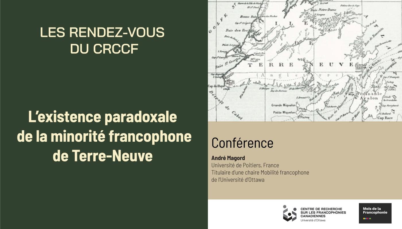 Visuel du Rendez-vous du CRCCF du 14 mars 2024, avec renseignements sur la gauche (sur fond vert bouteille) et une carte ancienne de Terre-Neuve, sur la droite (sur fond beige).