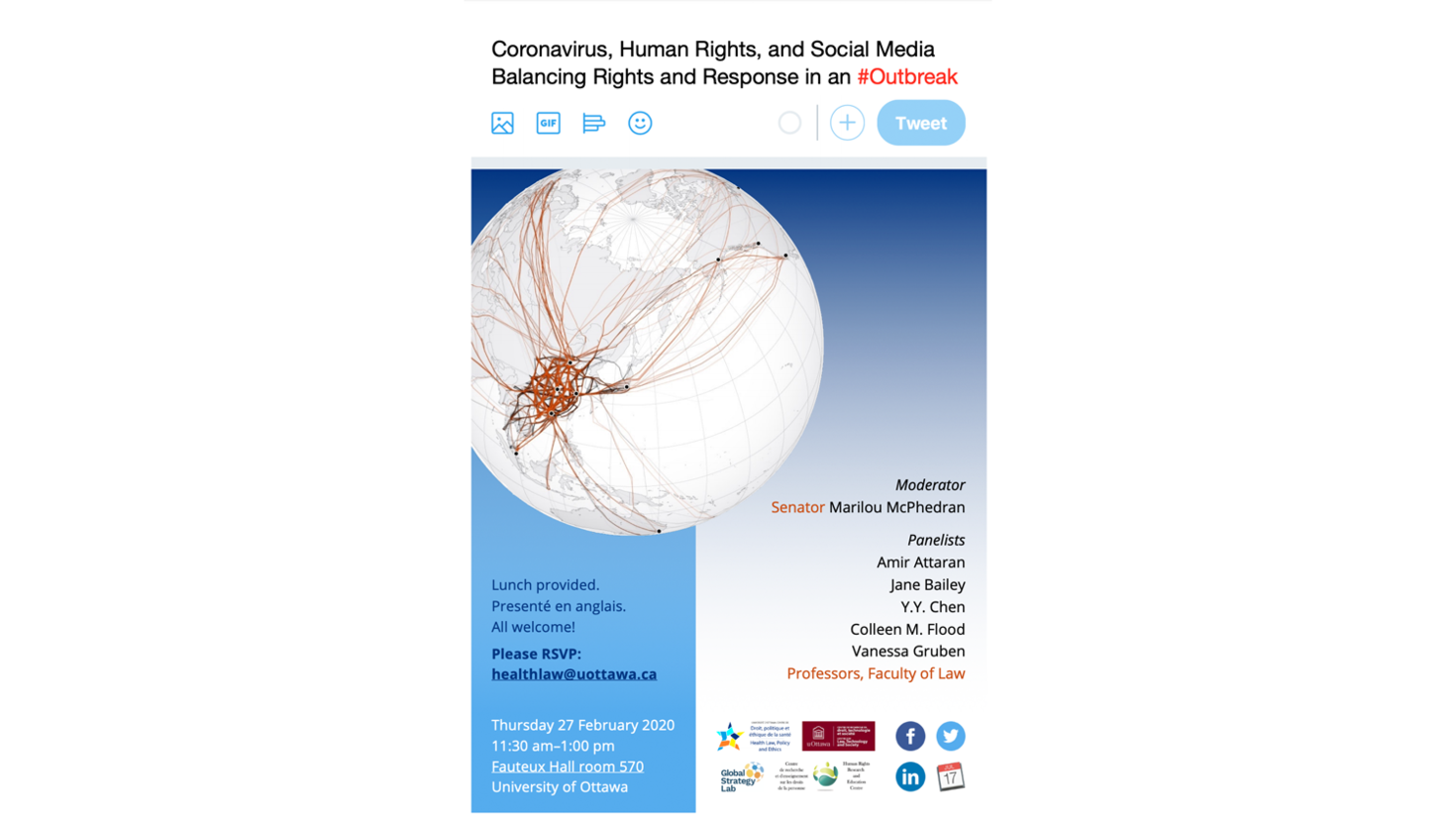 Poster for the event Coronavirus, Human Rights, and Social Media Balancing Rights and Response in an #Outbreak