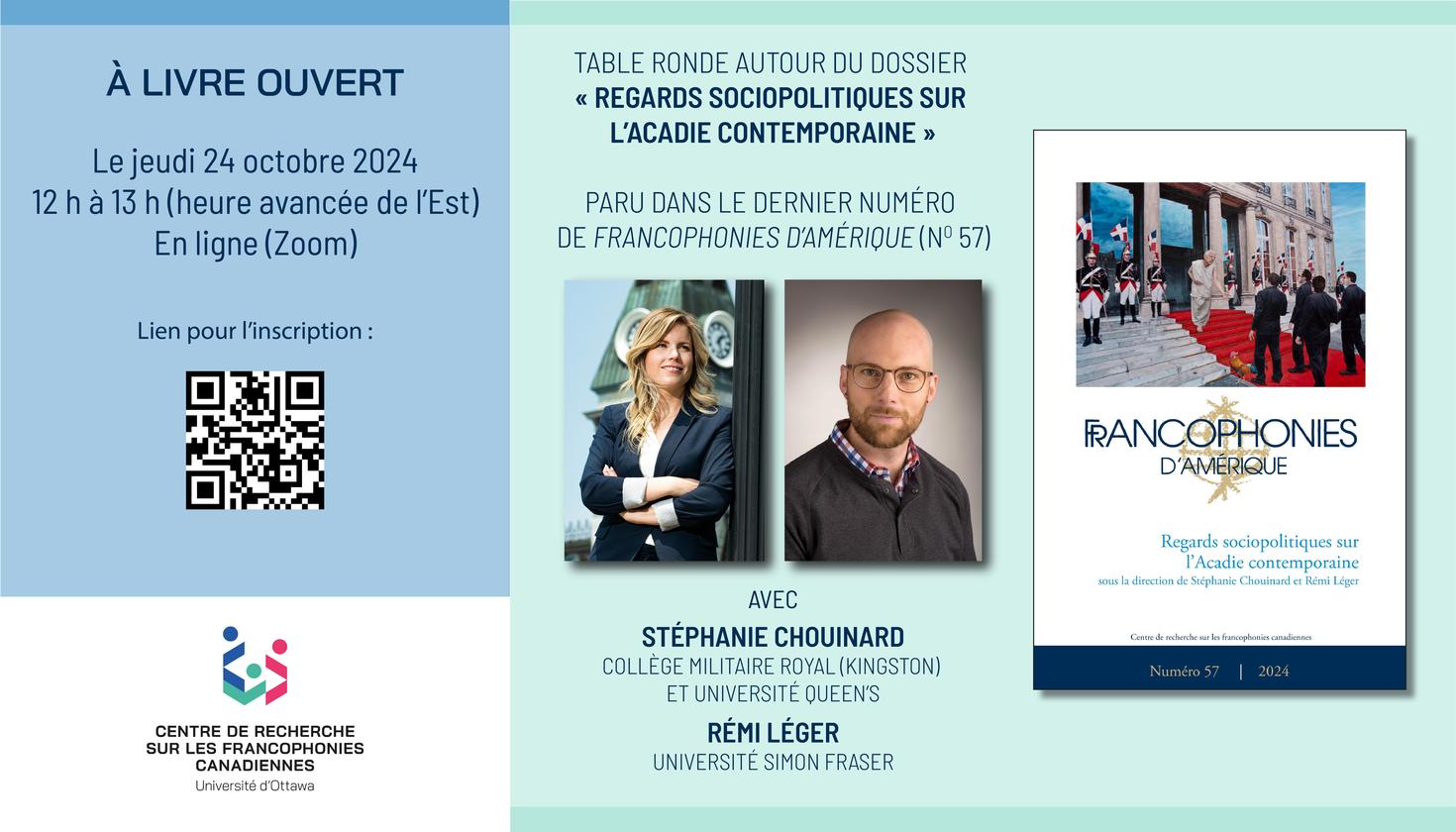 Visuel de l'événement "À livre ouvert" du 24 octobre, en bleu et vert pâles avec deux petites photos des panélistes principaux.