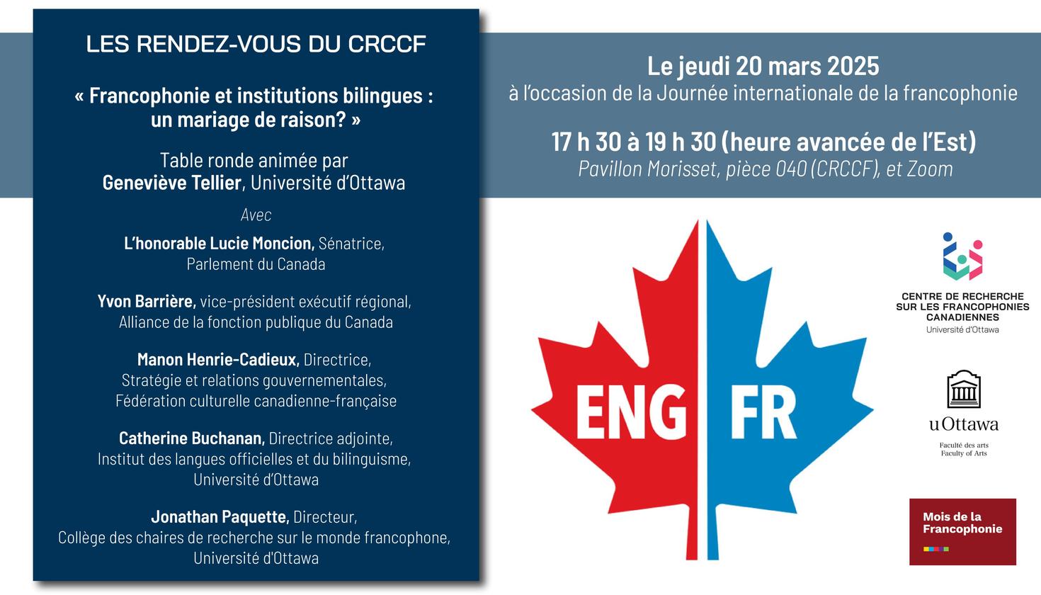 Visuel du rendez-vous du CRCCF avec Geneviève Tellier, en bleu marine et gris, avec au centre une feuille d'érable rouge et bleue coupée en deux