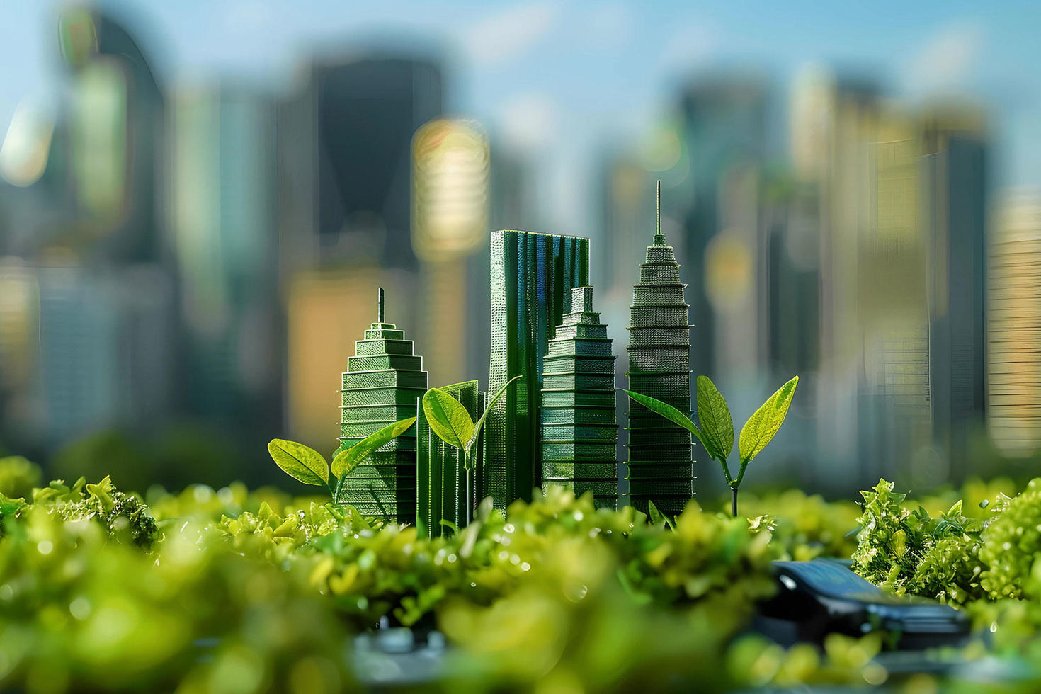 faux bâtiments verts entourés d'herbe et de plantes