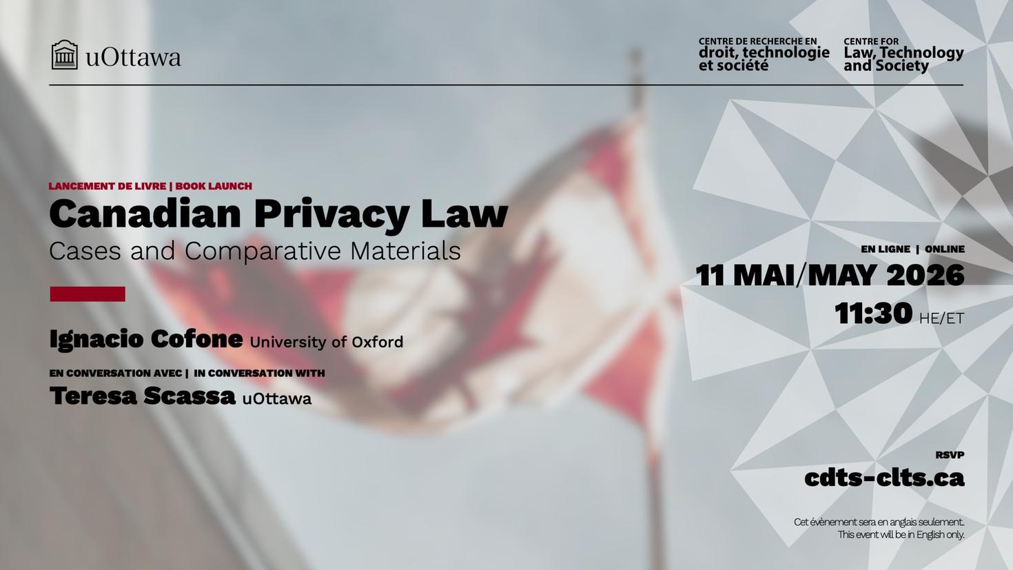 Affiche pour l'événement "Canadian privacy law", avec un drapeau canadien en arrière-plan
