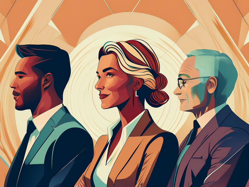 Illustration représentant trois membres d'une même famille, d'âges et de sexes différents.
