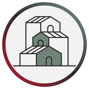 Illustration de trois maisons vertes imbriquées. 