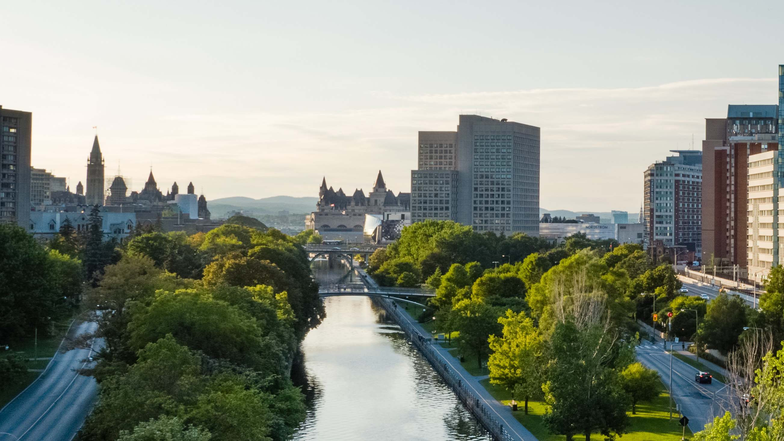 An aerial view of the campus and the canal