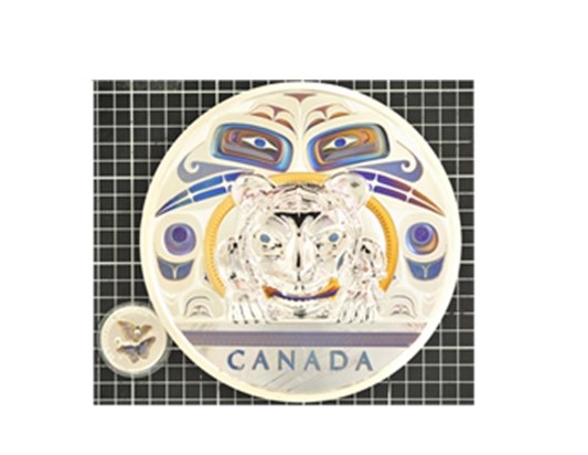 A circle with colourful eyes and a tiger with CANADA written underneath next to a smaller circle with two colourful butterflies